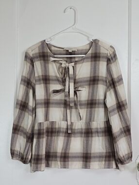 LOFT Cream and Brown Plaid Bow Tie Peplum Cotton Top L